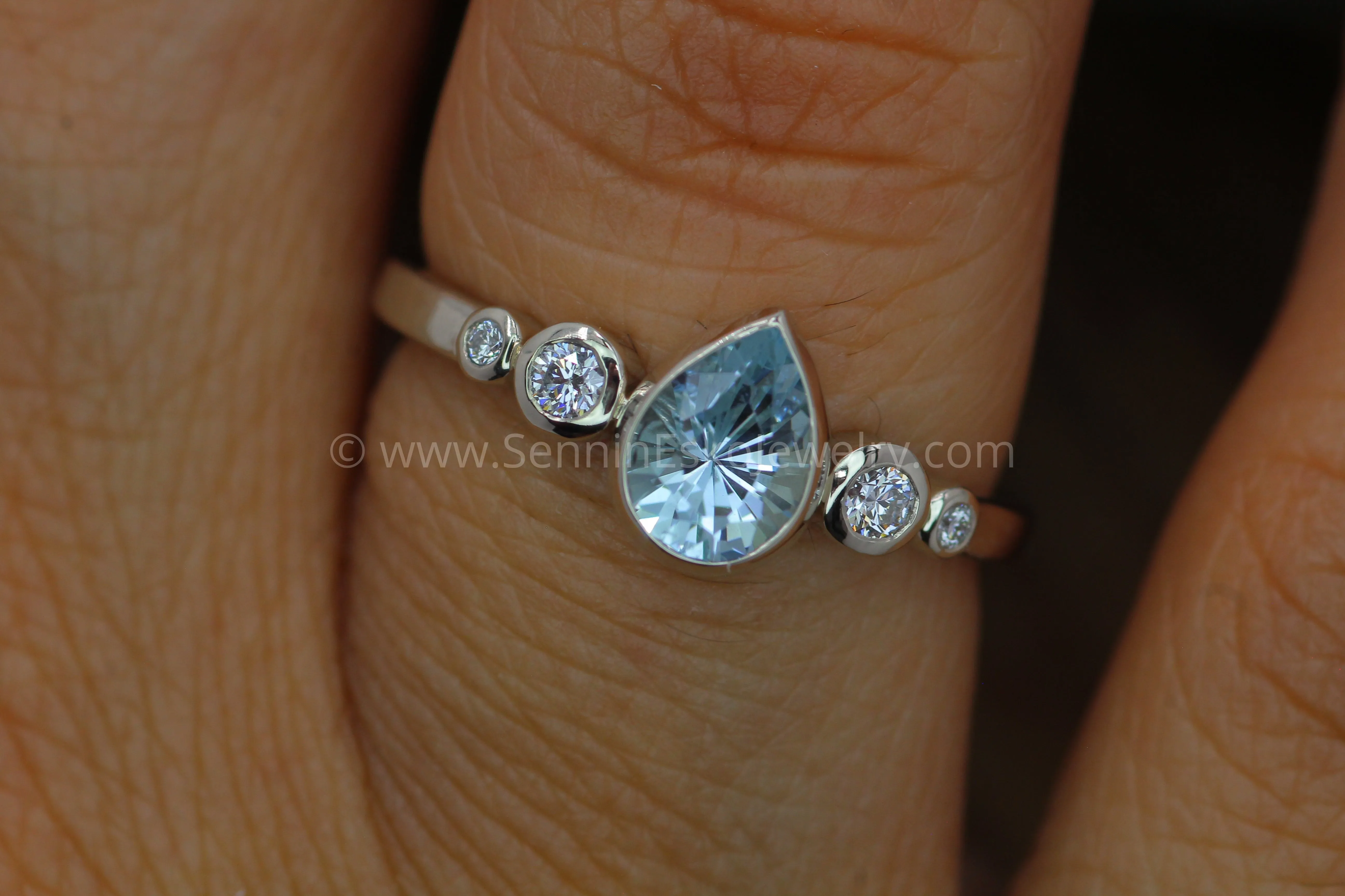 Aquamarine Tear Drop and Diamond Multi Bezel Engagement Ring