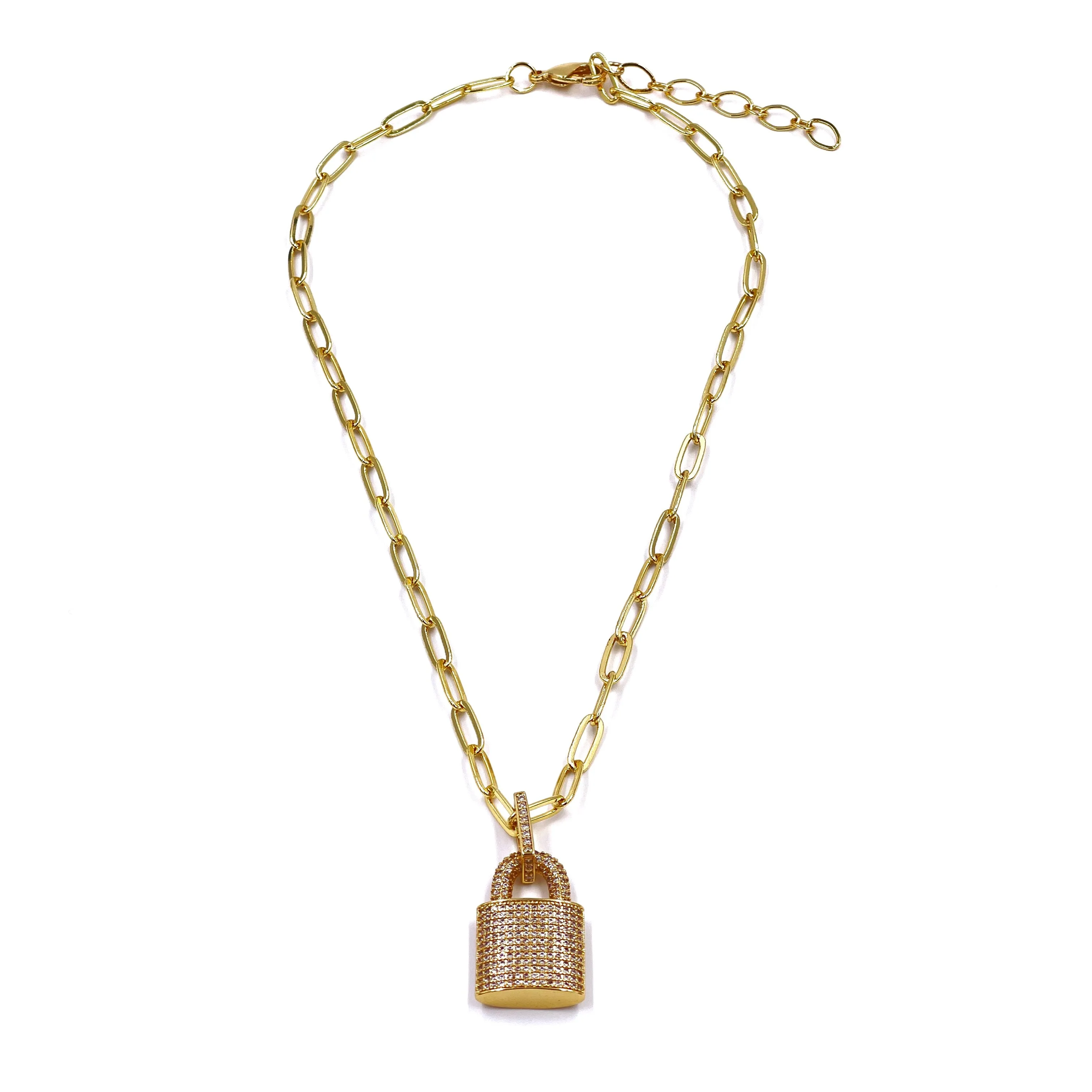 Ashley Gold Stainless Steel Gold Plated CZ Detachable Lock Charm Necklace