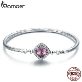 BAMOER Authentic 100% 925 Sterling Silver Pink AAA Cubic Zircon Charm Strand Bracelets for Women Sterling Silver Jewelry SCB052