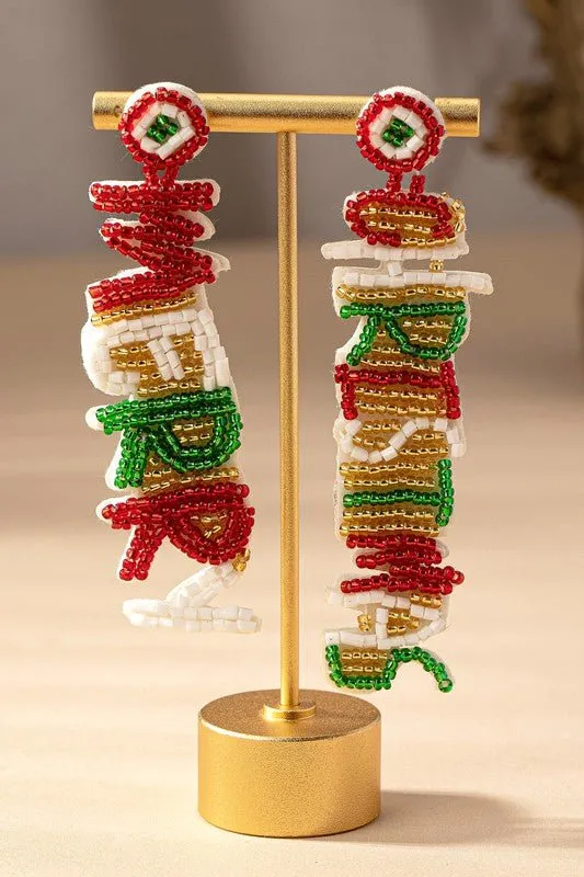 Beaded Merry Christmas Dangle Earrings