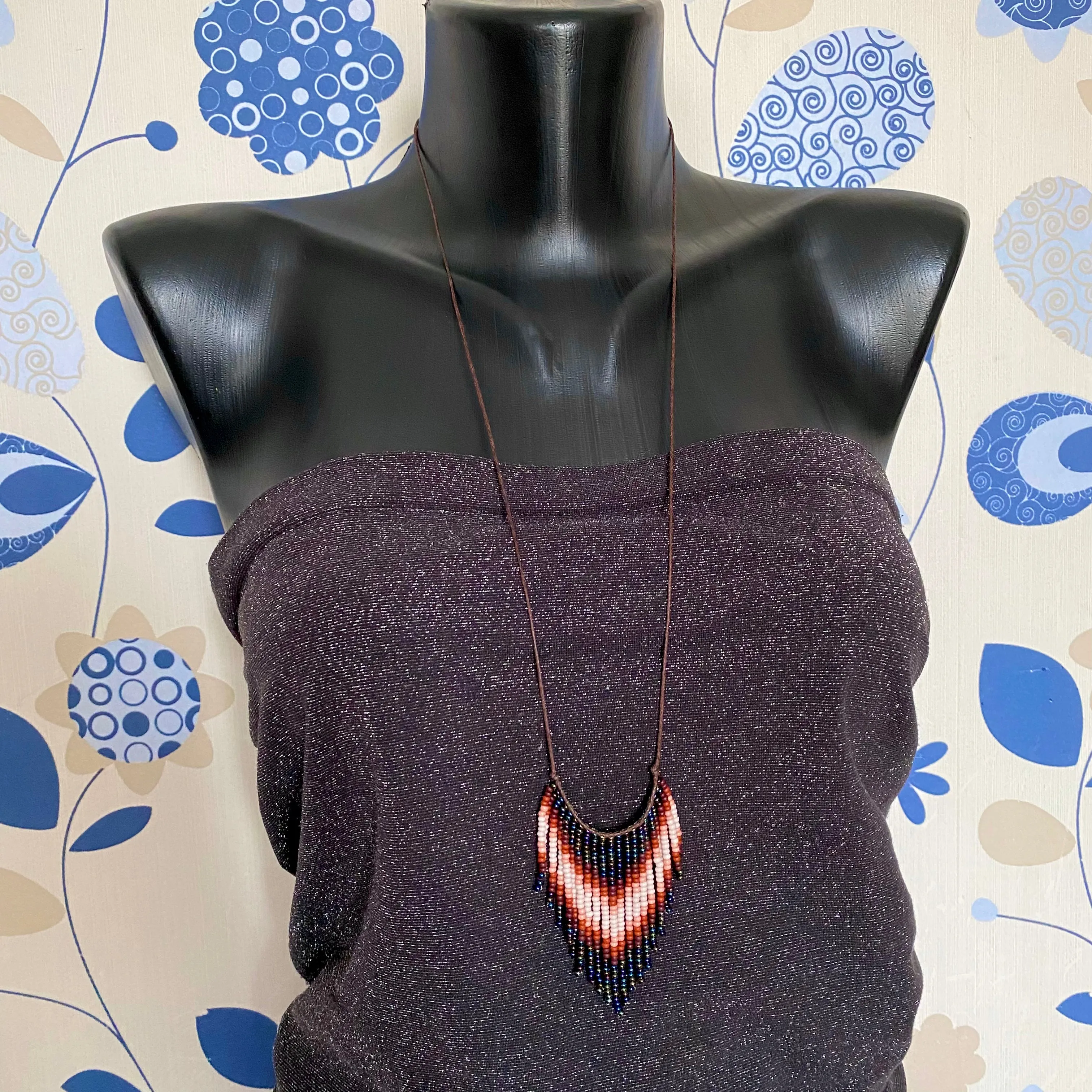 Beige Navy Blue Seed Bead Choker Necklace / Fringe Necklace / Earthy necklace / Boho Necklace, Hippie Necklace / Unique necklace / Tassel Necklace / Statement Necklace