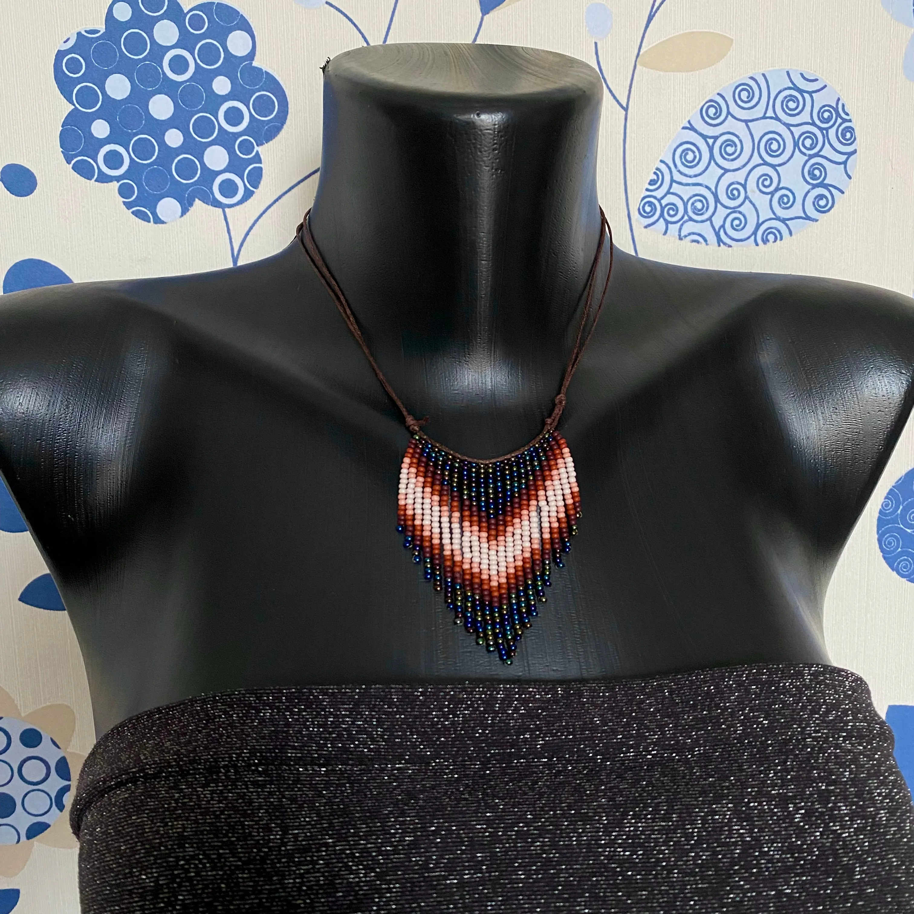 Beige Navy Blue Seed Bead Choker Necklace / Fringe Necklace / Earthy necklace / Boho Necklace, Hippie Necklace / Unique necklace / Tassel Necklace / Statement Necklace