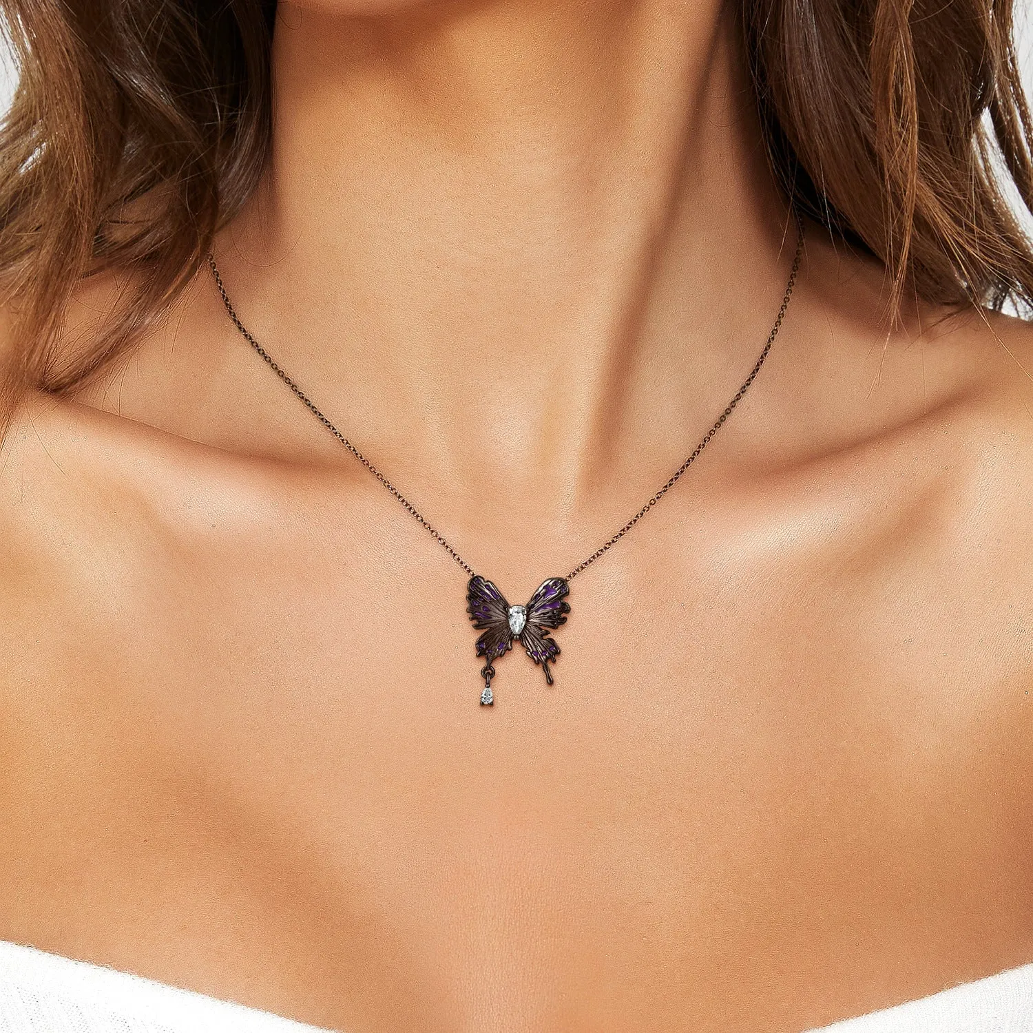 Black Butterfly Pear Shape Zircon Silver Necklace