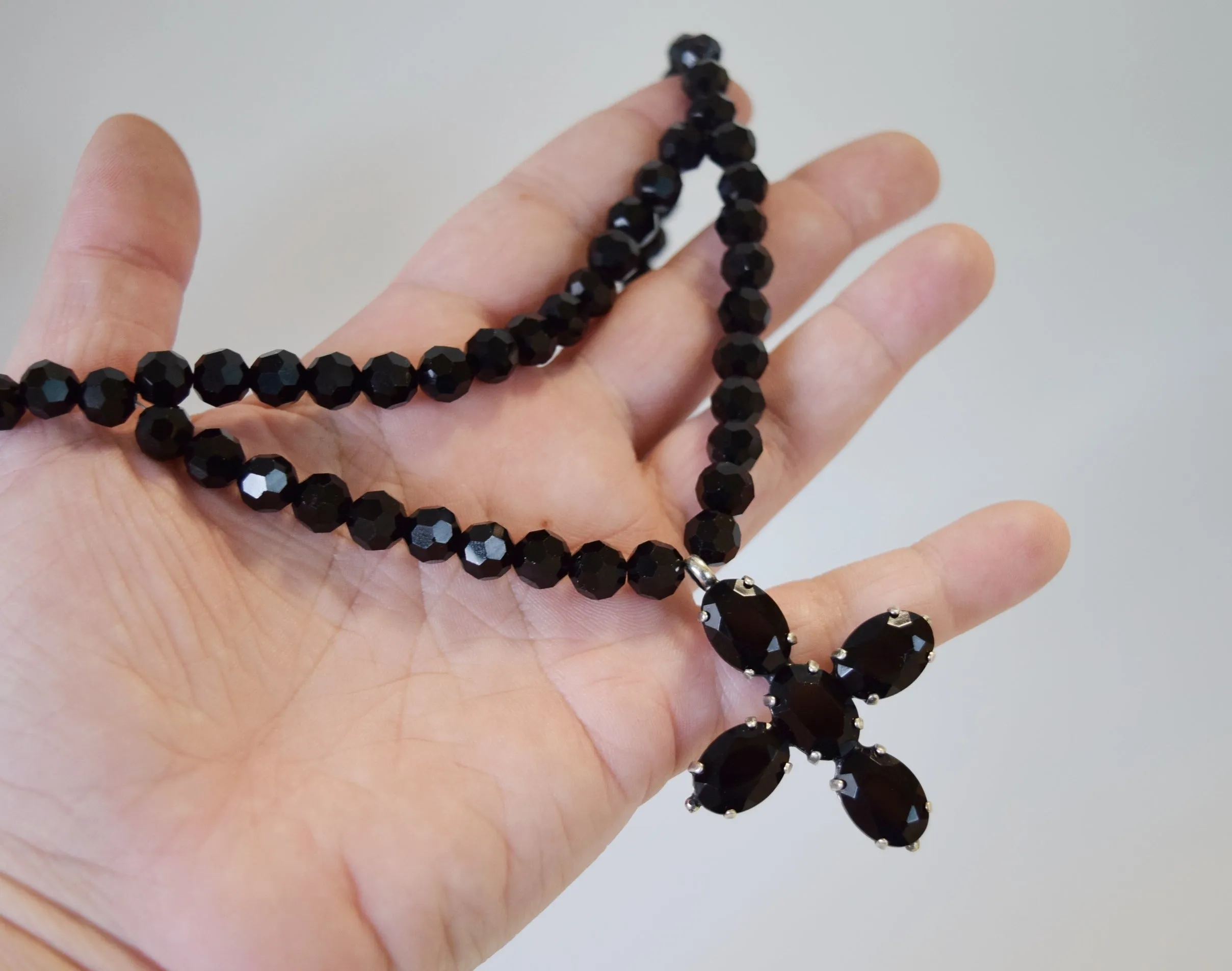 Black Double Stranded Cross Necklace - Glass Jet