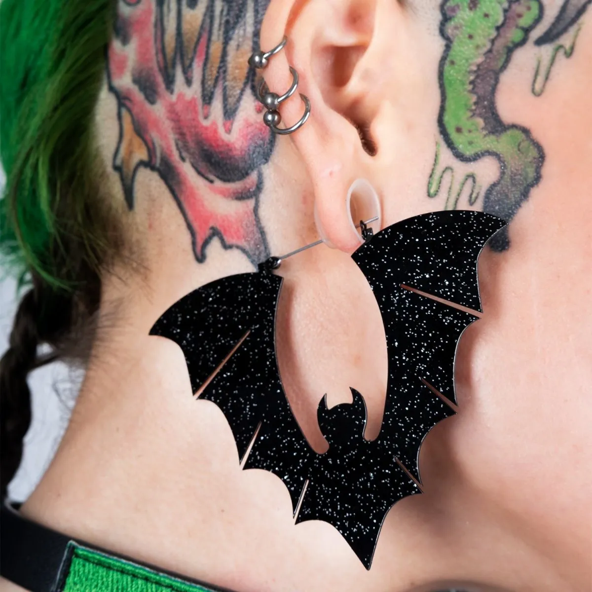 Black Glitter Halloween Bat Earrings