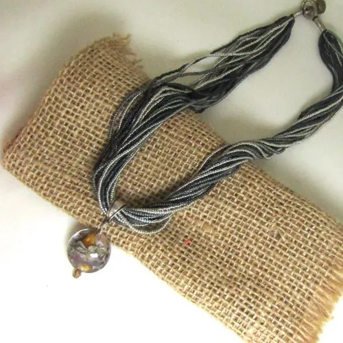 Black  Grey Multi-strand Seed Bead Necklace with Handmade Pendant