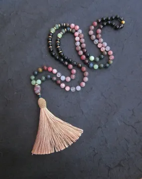 Black Tourmaline, Lepidolite, Pink Quartz, Garnet, Bloodstone in Champagne Gold Tassel