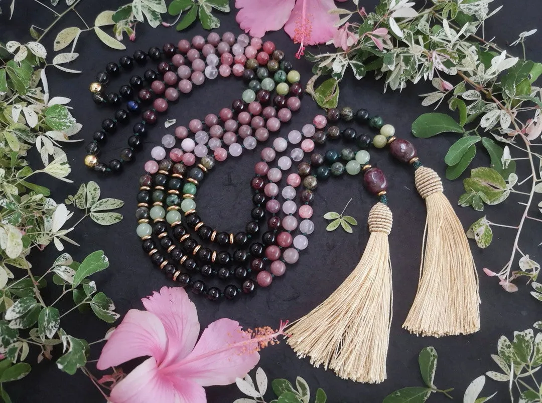 Black Tourmaline, Lepidolite, Pink Quartz, Garnet, Bloodstone in Champagne Gold Tassel