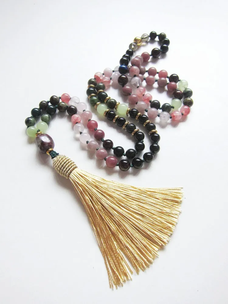 Black Tourmaline, Lepidolite, Pink Quartz, Garnet, Bloodstone in Champagne Gold Tassel