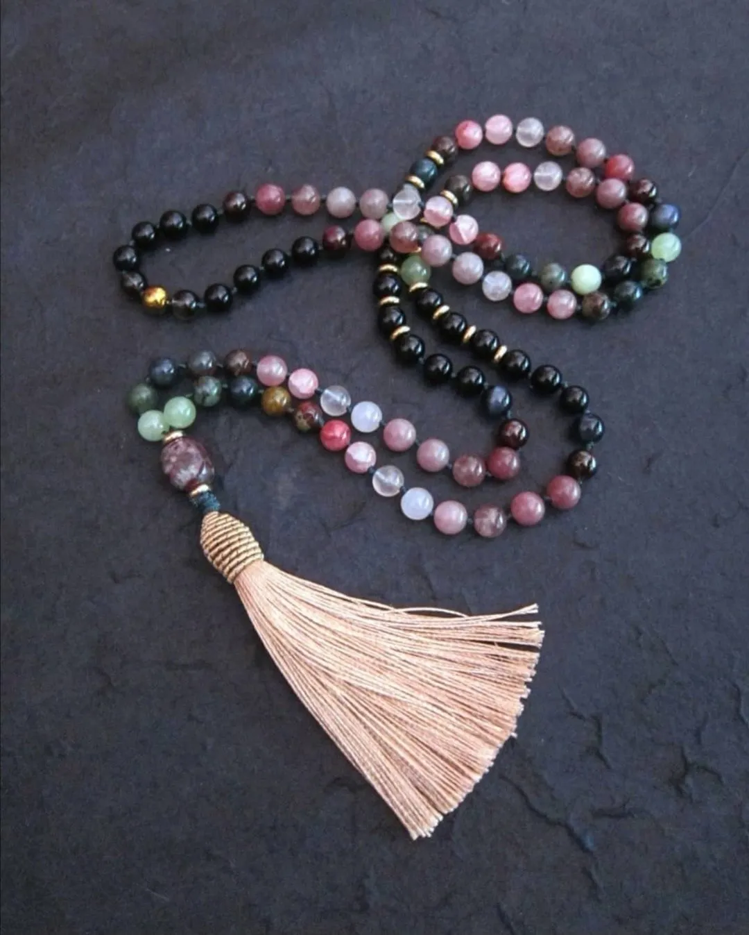 Black Tourmaline, Lepidolite, Pink Quartz, Garnet, Bloodstone in Champagne Gold Tassel