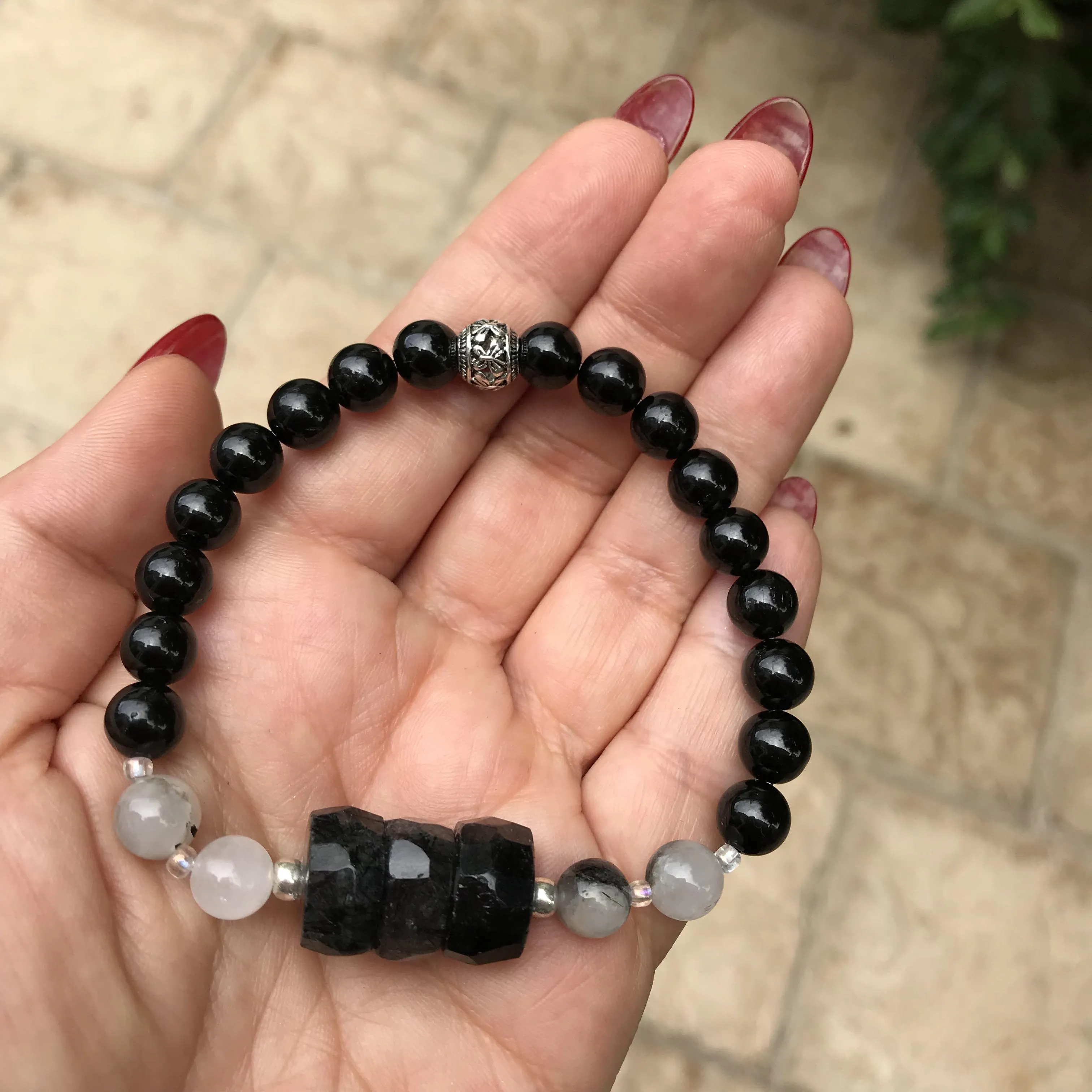 Black Tourmaline with Tourmalized Quartz Genuine Crystal Bracelet