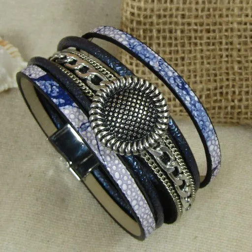 Blue & Silver Cuff Leather Bracelet