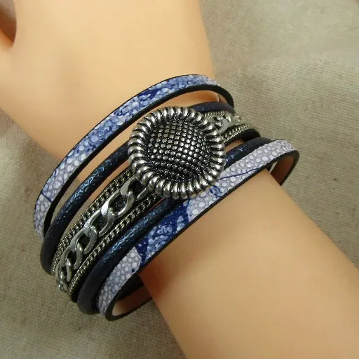 Blue & Silver Cuff Leather Bracelet