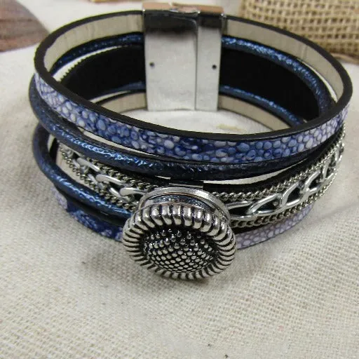 Blue & Silver Cuff Leather Bracelet