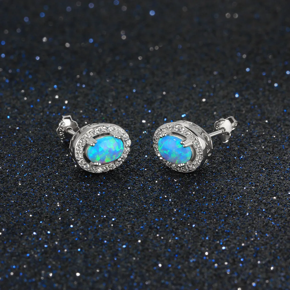 Blue Oval Opal Zircon Soleste Halo Sterling Silver Stud Earrings