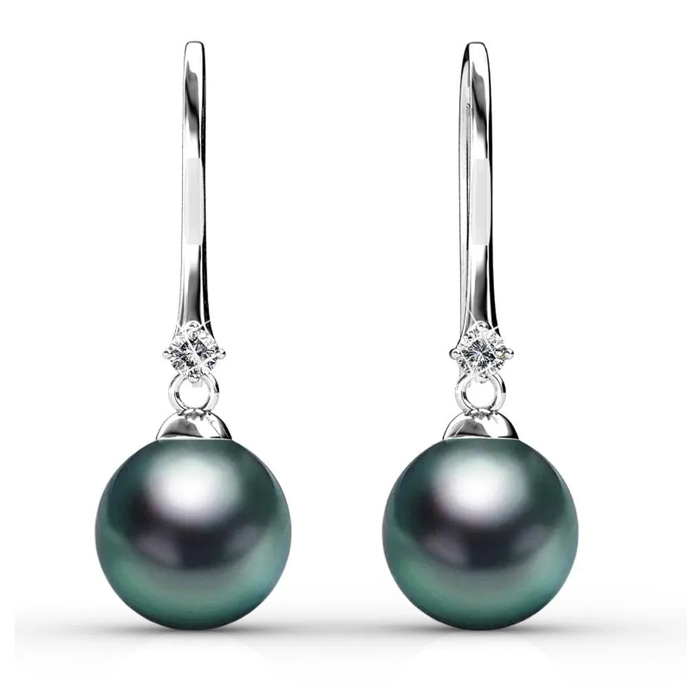 Boxed 2 Pairs Magnificent Pearl Hook Earrings Set Embellished with SWAROVSKI Crystal Iridescent Tahitian Look Pearls in White Gold