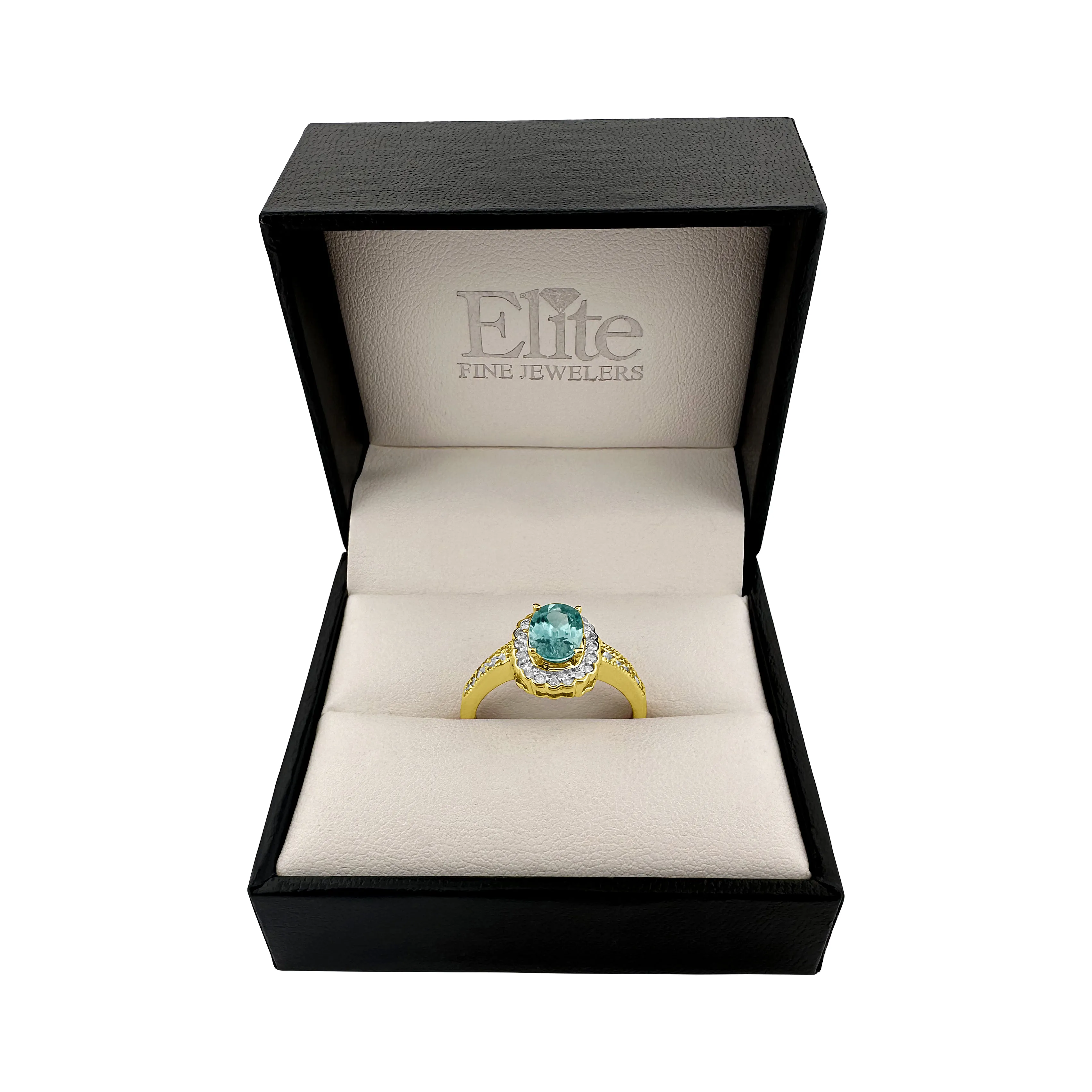 Bright Blue Oval Zircon with Diamond Halo 14k Yellow Gold Ring