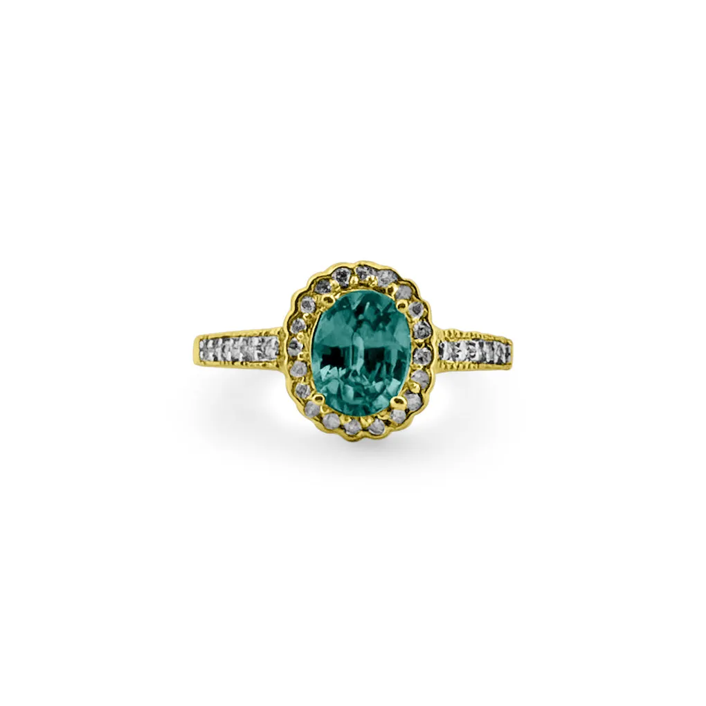 Bright Blue Oval Zircon with Diamond Halo 14k Yellow Gold Ring