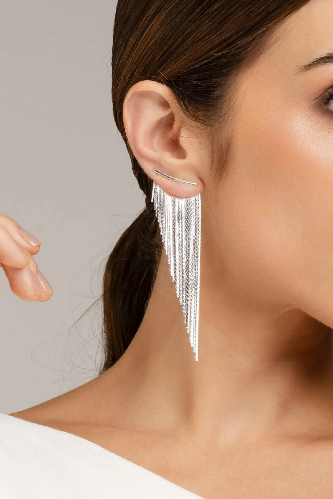 Camryn Tassel Long Fringe Silver Earrings