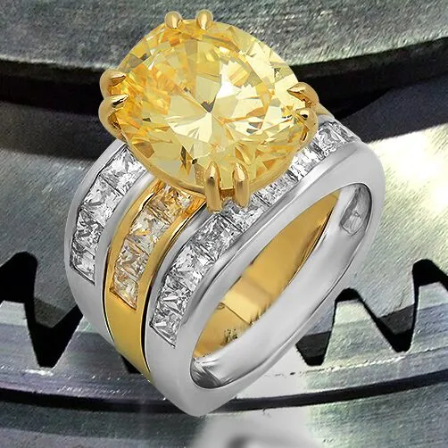 Canary Oval Cubic Zirconia 5 Carat Two Tone Gold Engagement Ring Double Bands Euro Shank