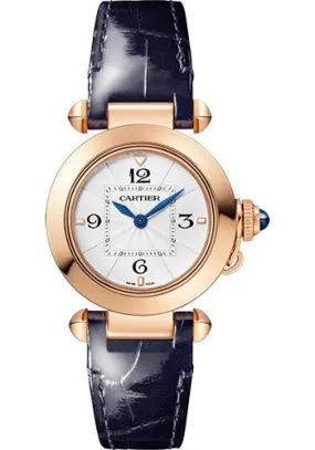 Cartier Pasha de Cartier Watch - 30 mm Rose Gold Case - Opaline Dial - Navy Blue Leather Strap and Second Gray Alligator Leather Strap - WGPA0018