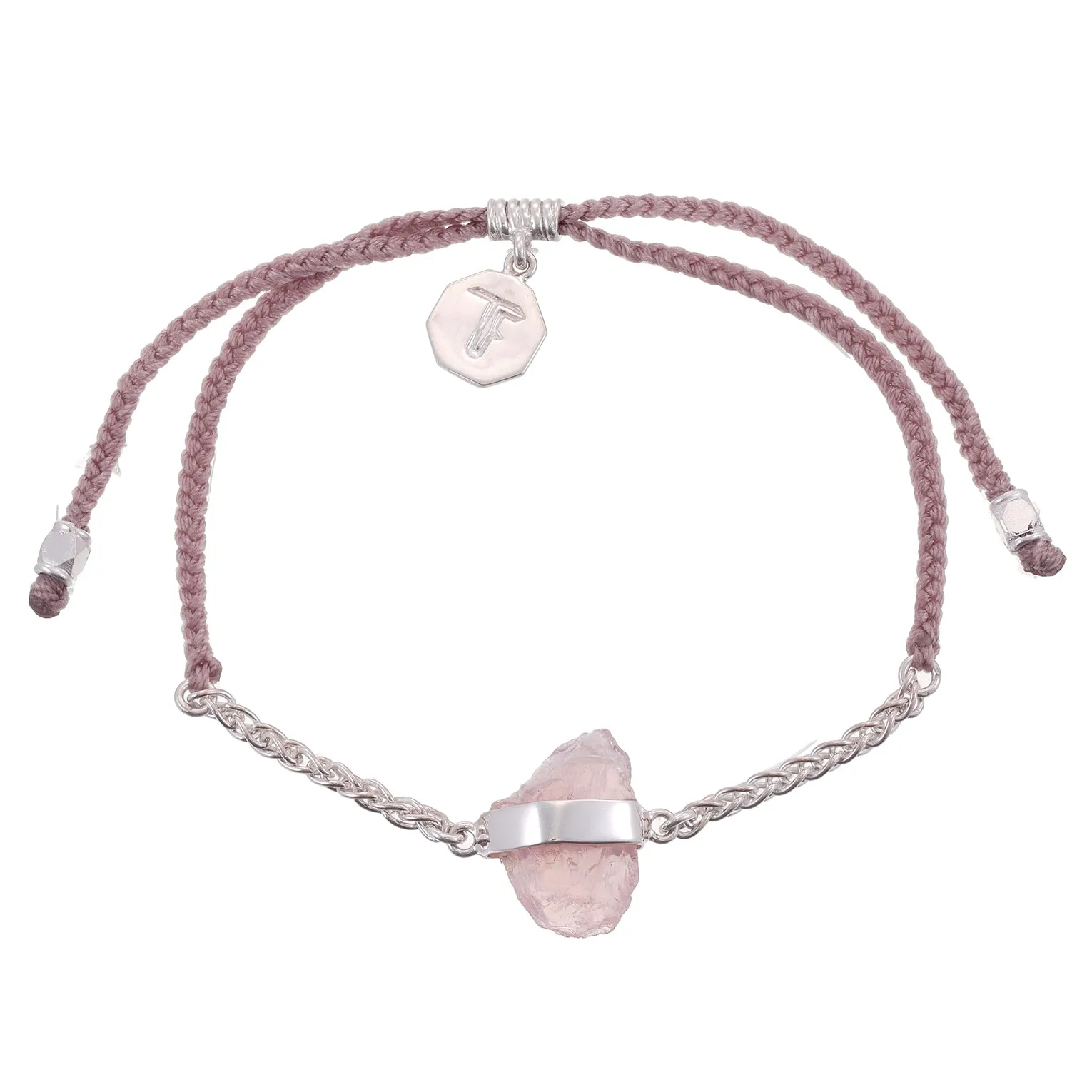 CHAIN & CORD CRYSTAL BRACELET - ROSE QUARTZ- DUSTY PINK - SILVER