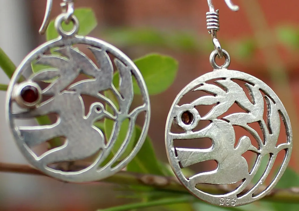 Charming Peace Bird in a Circle Silver Sterling Earrings