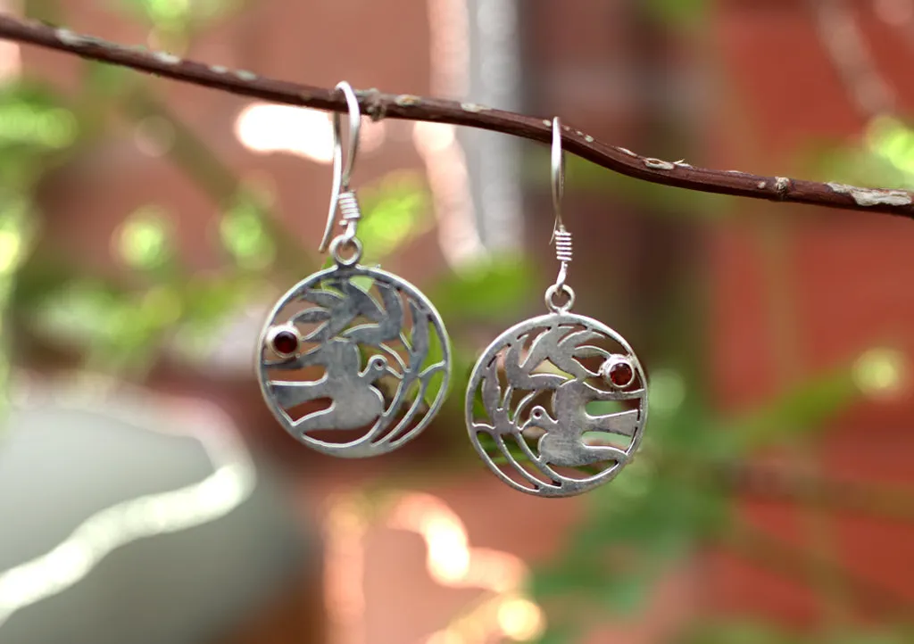 Charming Peace Bird in a Circle Silver Sterling Earrings