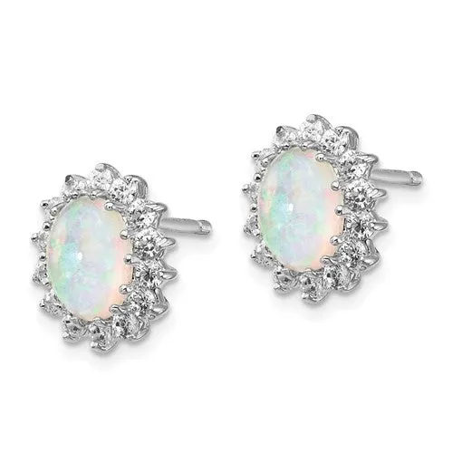 Cheryl M Sterling Silver CZ & Oval Opal Halo Post Earrings