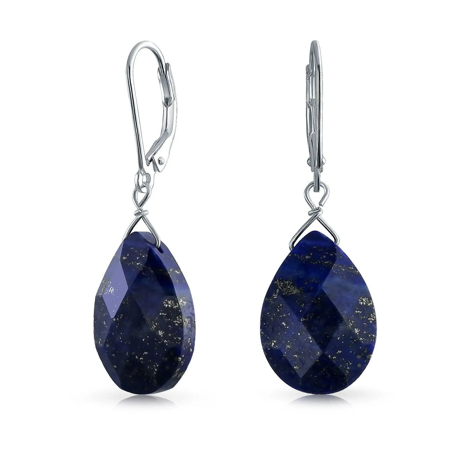 Classic Briolette Lapis Lazuli & Amethyst Teardrop Dangle Earrings in Sterling Silver