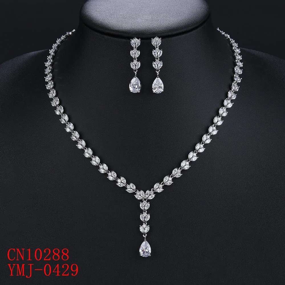 Classic Full Cubic Zirconia Bridal Y Wedding Necklace Earring Set Women Prom Party Jewelry Sets CN10288