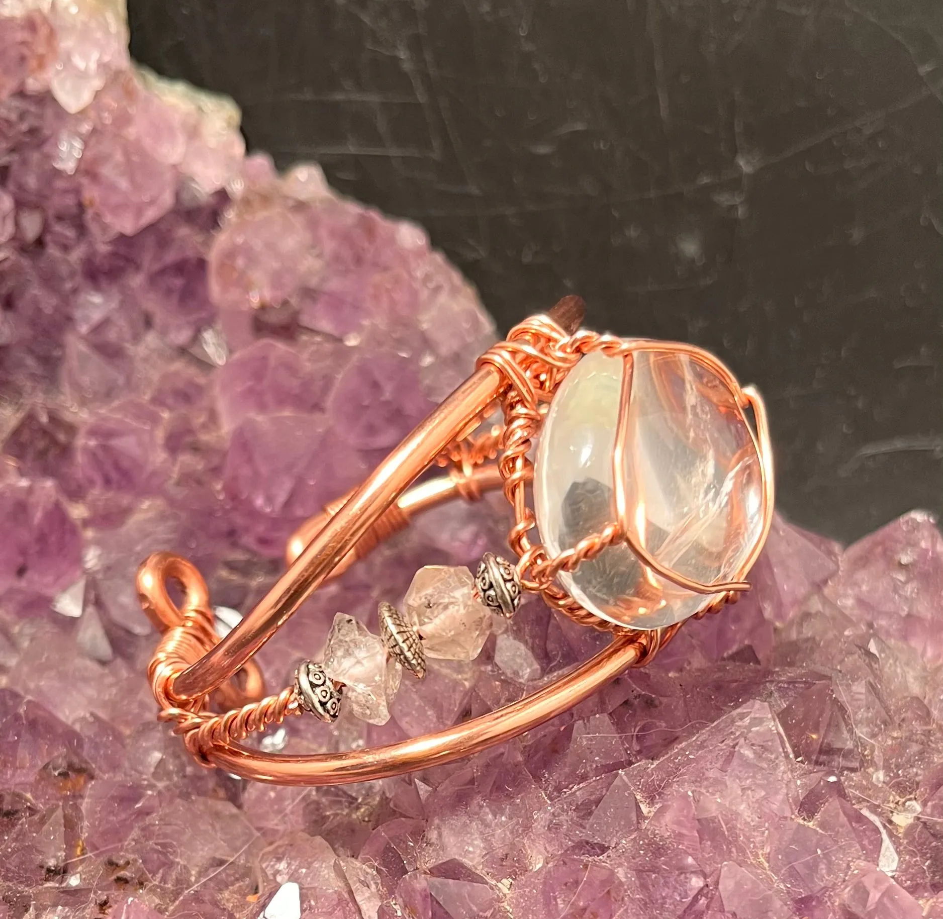 Clear Crystal Quartz with Herkimer DIamond Wirewrapped Copper Bracelet