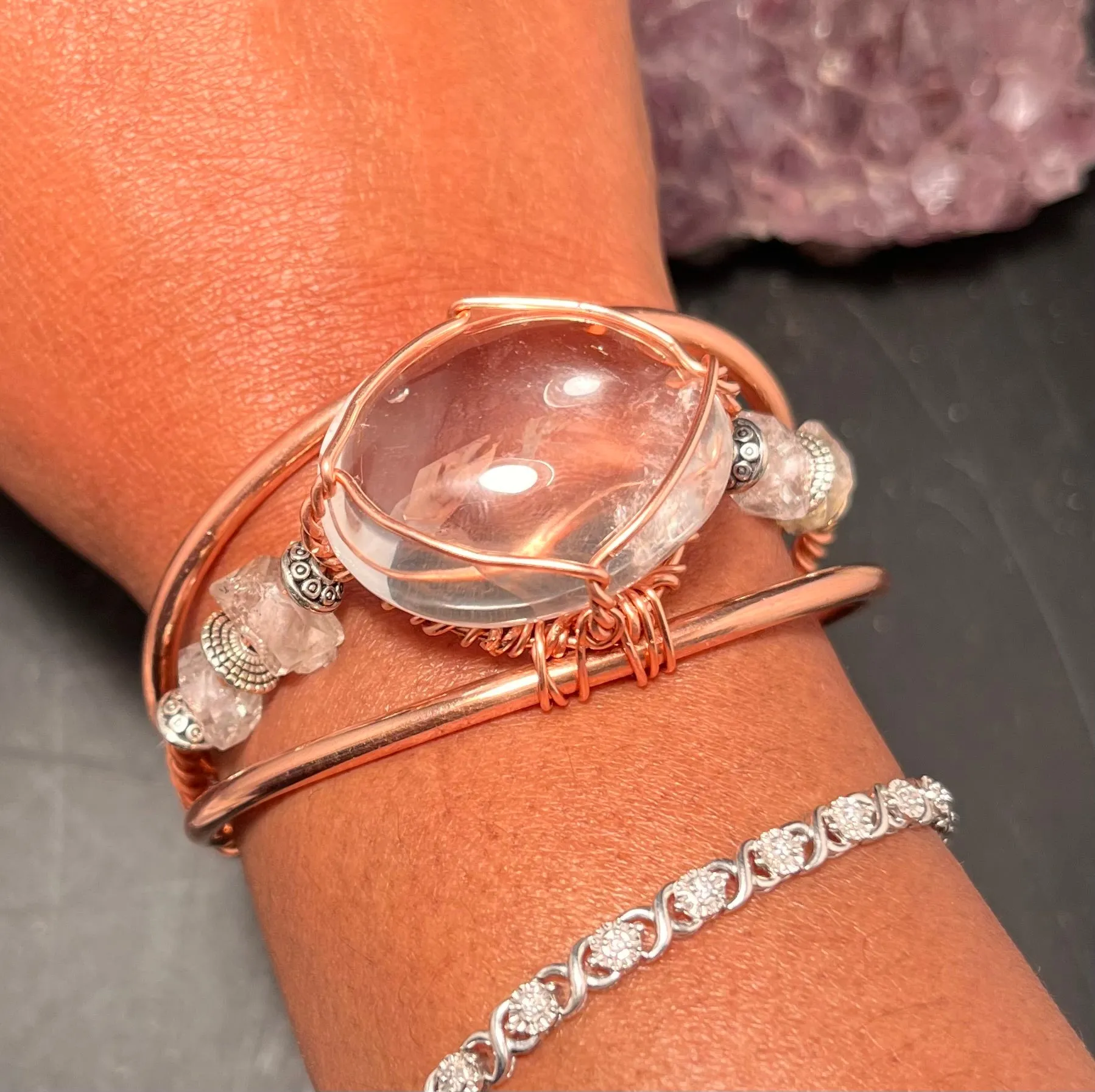 Clear Crystal Quartz with Herkimer DIamond Wirewrapped Copper Bracelet