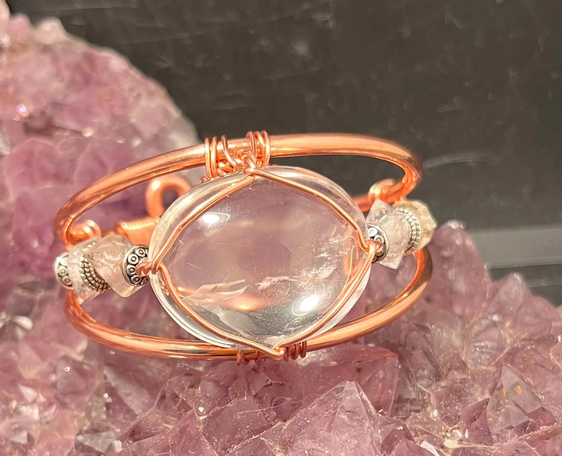 Clear Crystal Quartz with Herkimer DIamond Wirewrapped Copper Bracelet