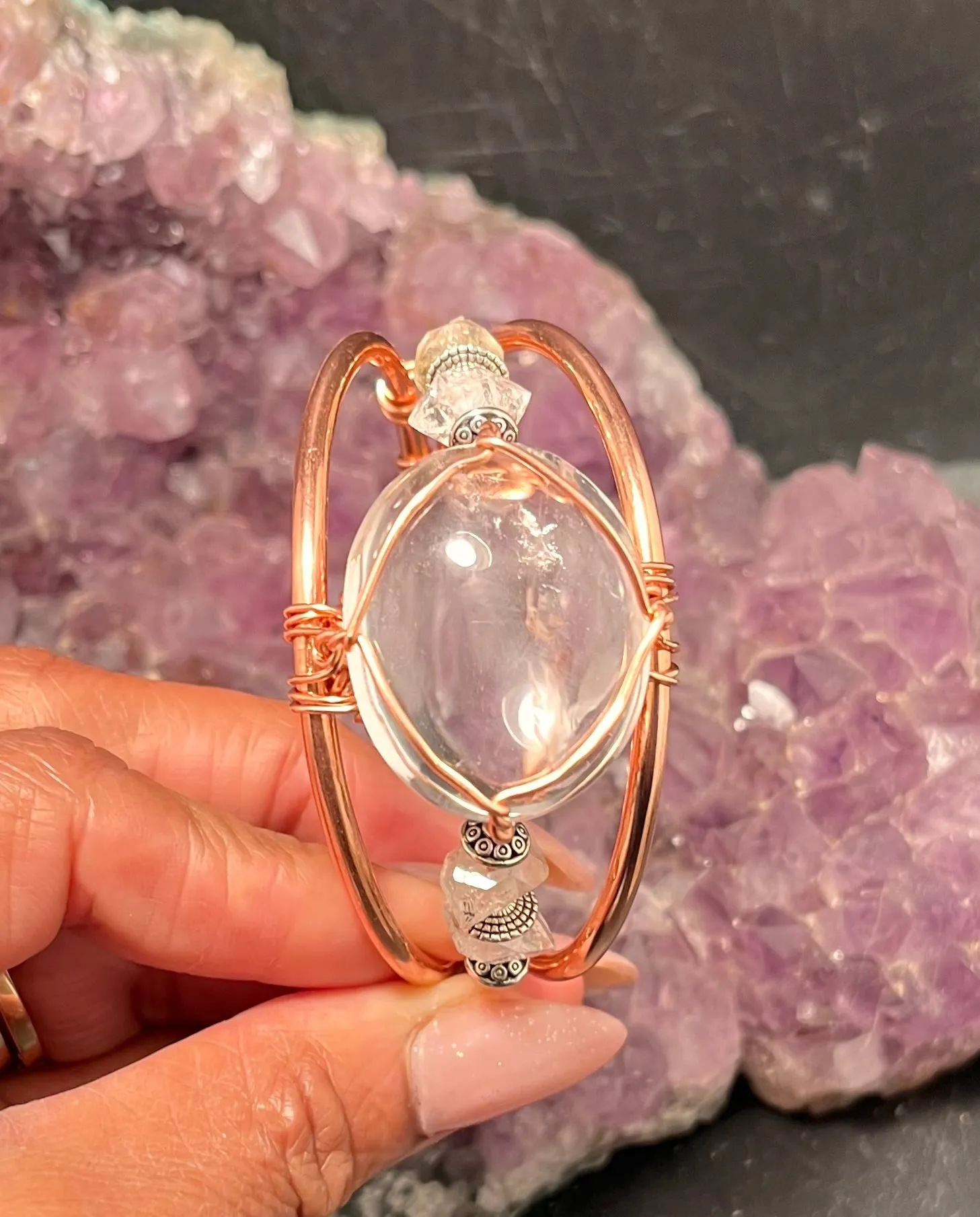 Clear Crystal Quartz with Herkimer DIamond Wirewrapped Copper Bracelet