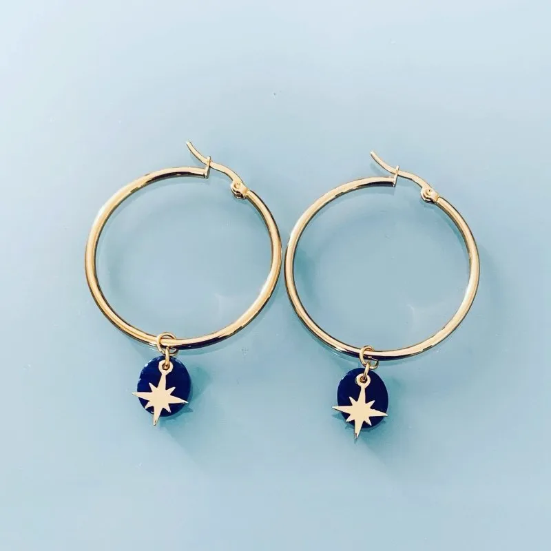 Clover North Star Hoop Earrings | Golden North Star and Lapis Lazuli Hoop Earrings | Women's Earring | Gift Jewelry | Gift Idea