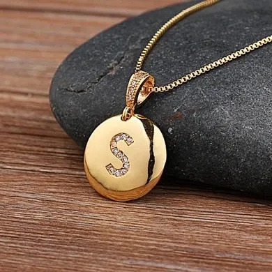 Copper Round Pendant Necklace with Initial A-Z Zircon in Gold Color