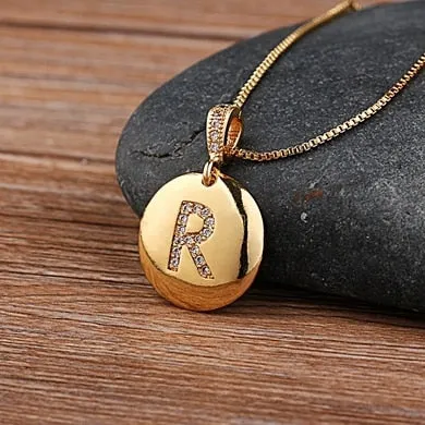 Copper Round Pendant Necklace with Initial A-Z Zircon in Gold Color