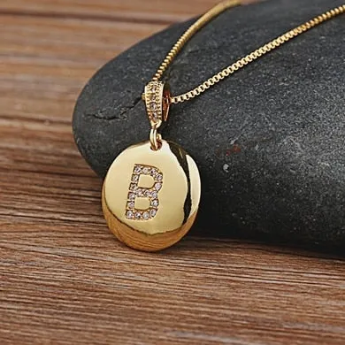 Copper Round Pendant Necklace with Initial A-Z Zircon in Gold Color