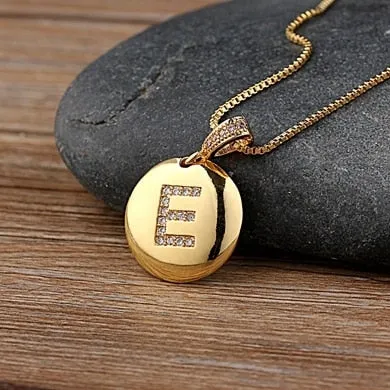 Copper Round Pendant Necklace with Initial A-Z Zircon in Gold Color