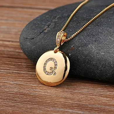 Copper Round Pendant Necklace with Initial A-Z Zircon in Gold Color