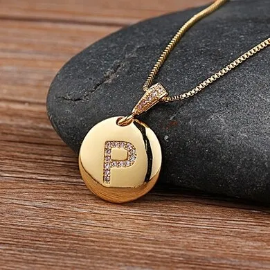 Copper Round Pendant Necklace with Initial A-Z Zircon in Gold Color