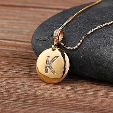 Copper Round Pendant Necklace with Initial A-Z Zircon in Gold Color