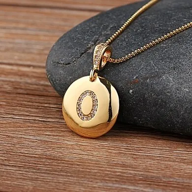 Copper Round Pendant Necklace with Initial A-Z Zircon in Gold Color