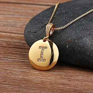 Copper Round Pendant Necklace with Initial A-Z Zircon in Gold Color