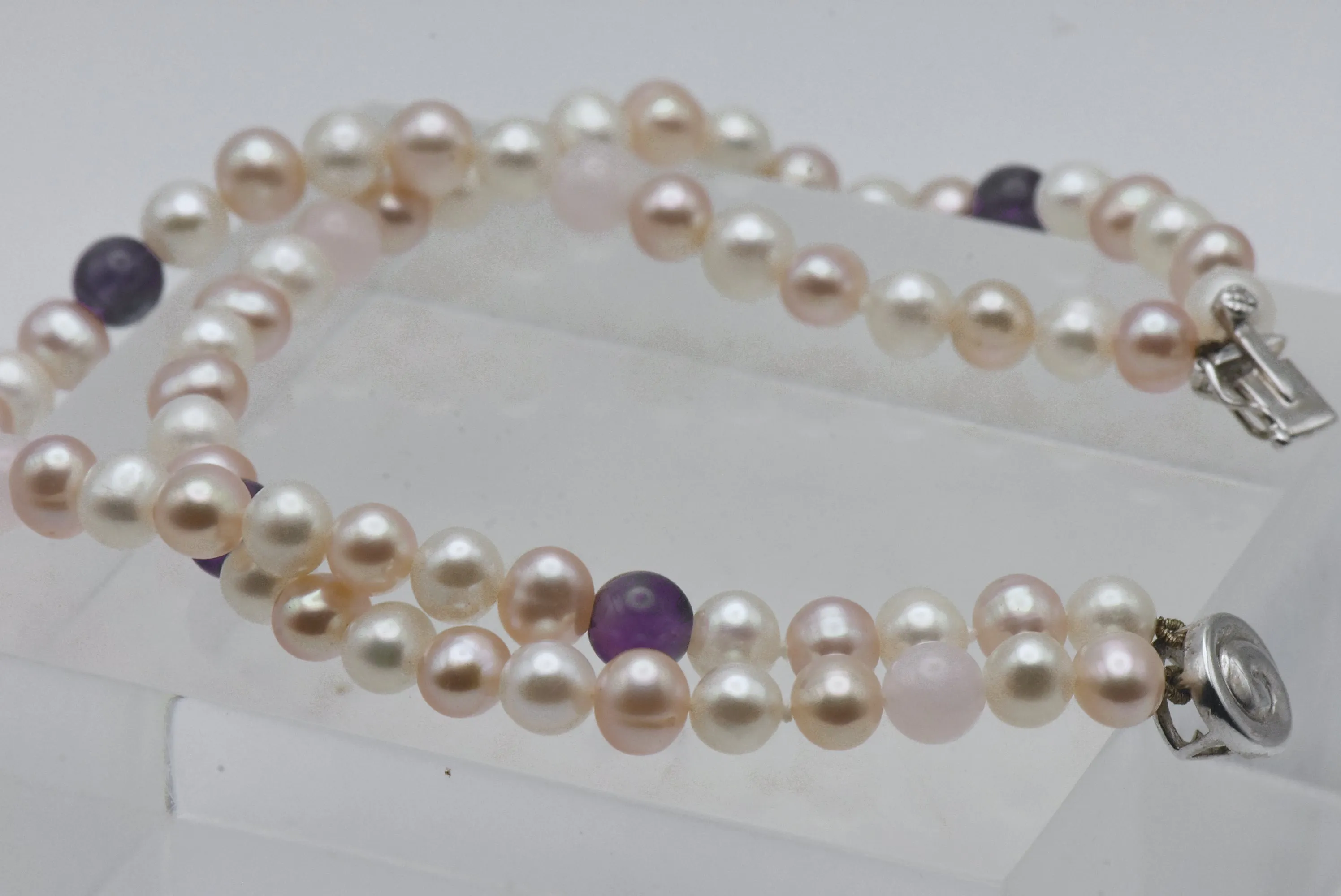 Cultured Pearls, Amethyst, Rose Quartz and Sterling Silver Dual Strand Bracelet