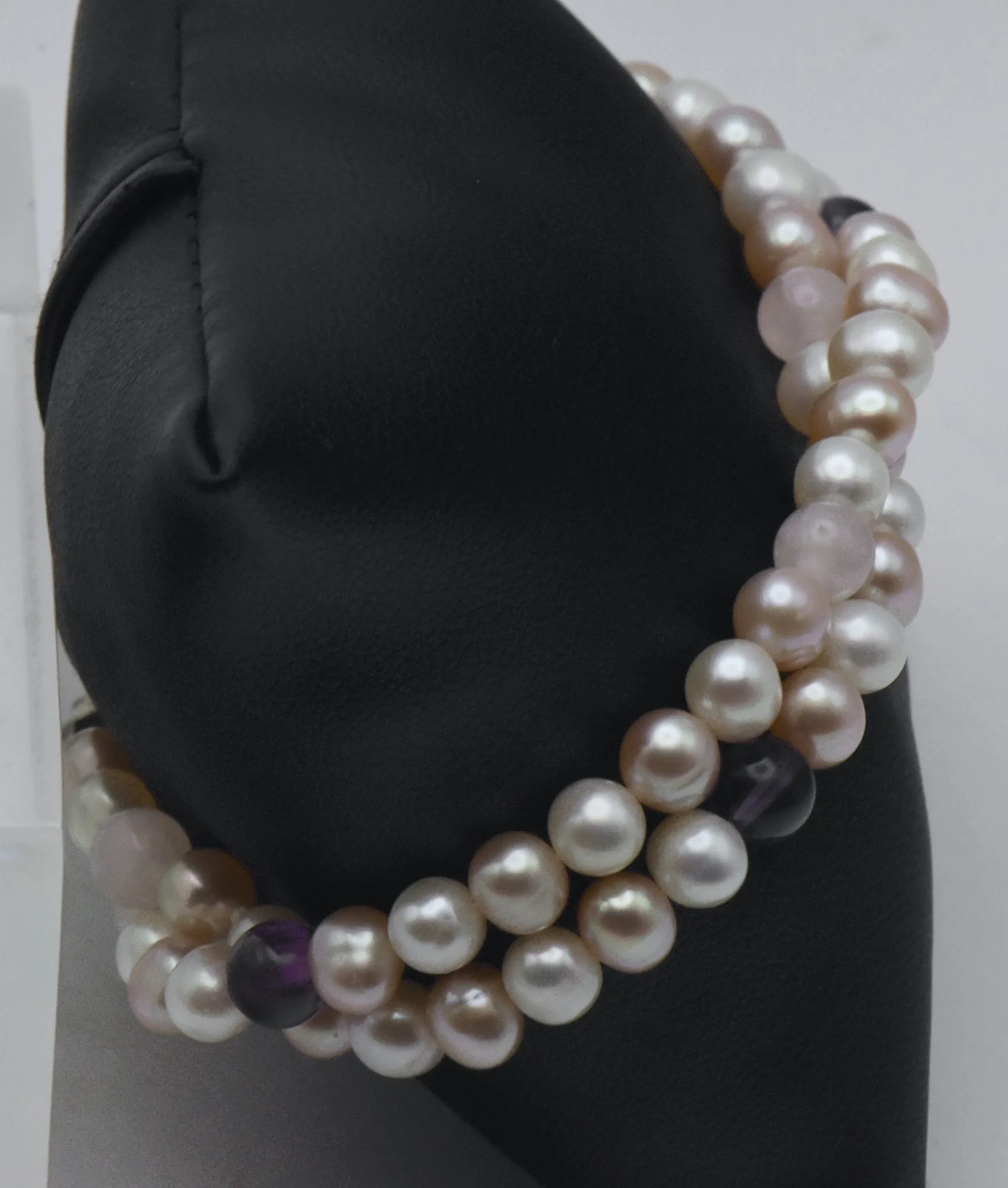 Cultured Pearls, Amethyst, Rose Quartz and Sterling Silver Dual Strand Bracelet