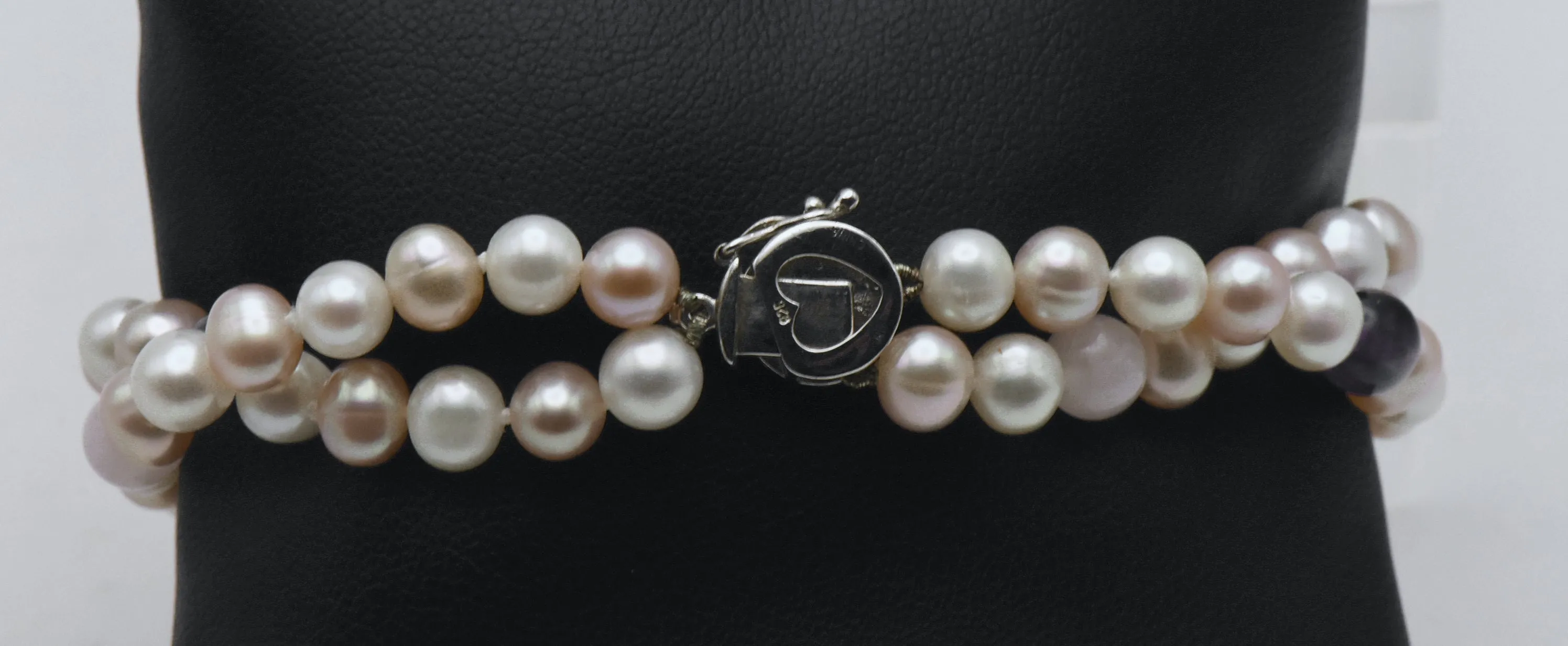 Cultured Pearls, Amethyst, Rose Quartz and Sterling Silver Dual Strand Bracelet