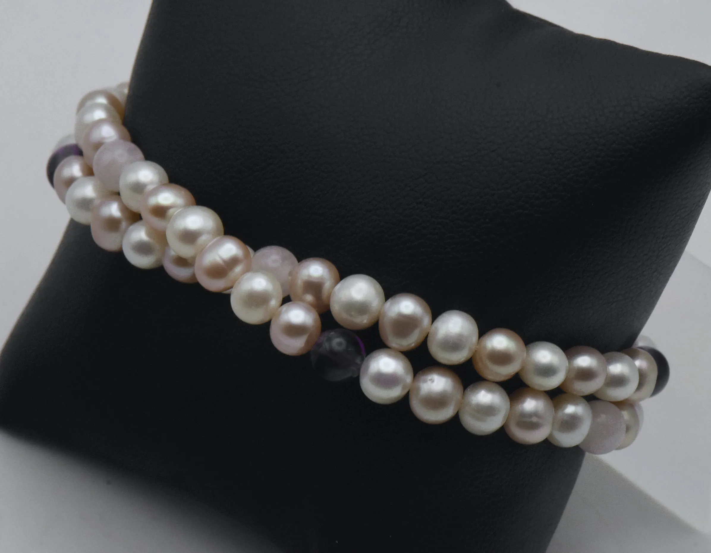 Cultured Pearls, Amethyst, Rose Quartz and Sterling Silver Dual Strand Bracelet