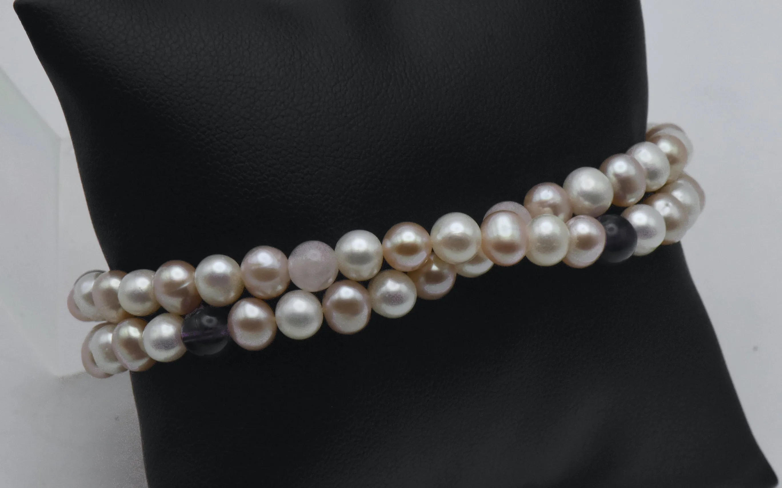 Cultured Pearls, Amethyst, Rose Quartz and Sterling Silver Dual Strand Bracelet